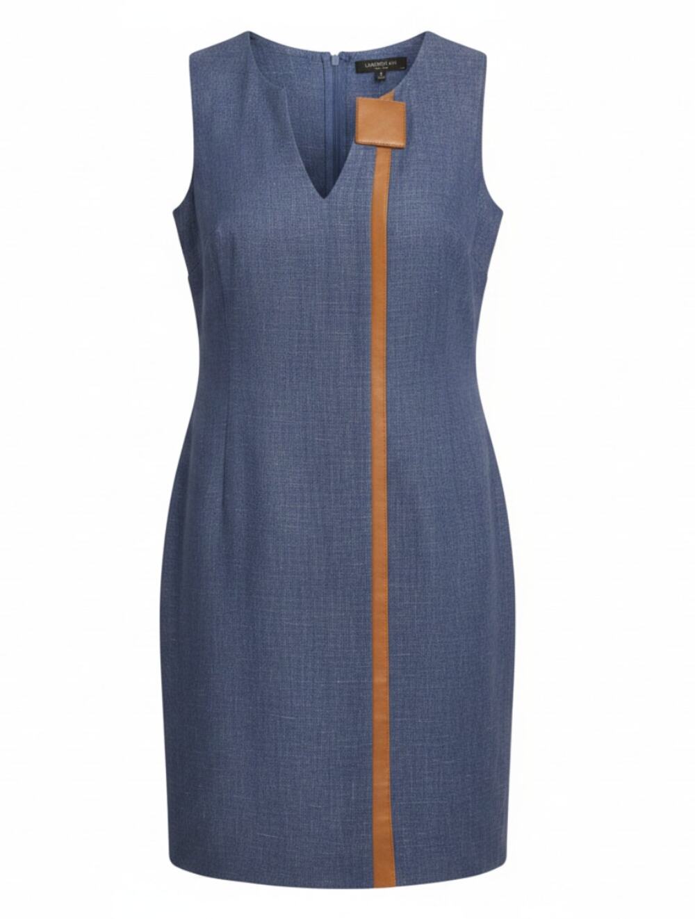 Lafayette 148 New York Shift Dress Womens Small Chambray Blue Linen Leather Trim